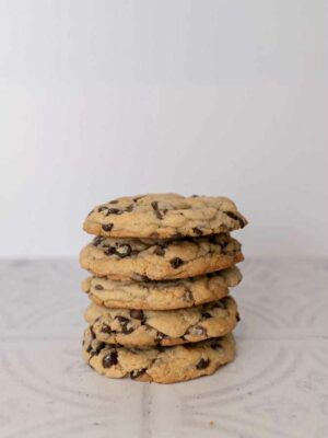 Stack of freshly baked New York style Chocolate Chip Cookies from Morton Baking Academy