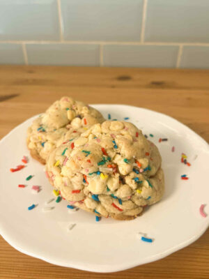 Funfetti cookies with rainbow sprinkles and white chocolate