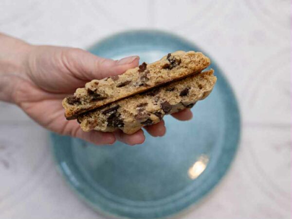 Inside view of a Chocolate Chip New York style Cookie from Morton Baking Academy - thick, gooey and packed with chocolate chips.