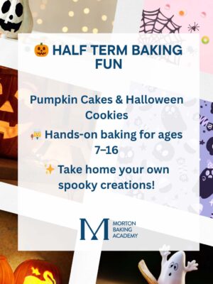 Children’s Halloween baking class poster – pumpkin cakes and spooky cookies at Morton Baking Academy.