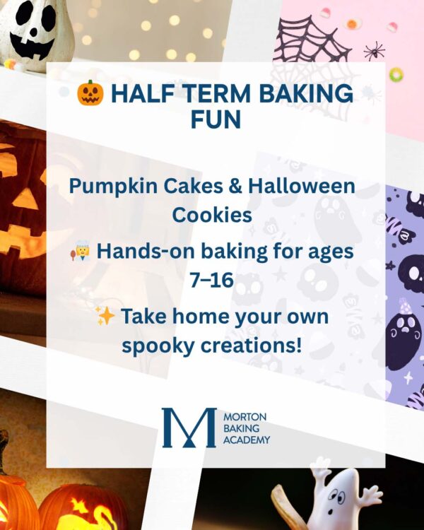Children’s Halloween baking class poster – pumpkin cakes and spooky cookies at Morton Baking Academy.
